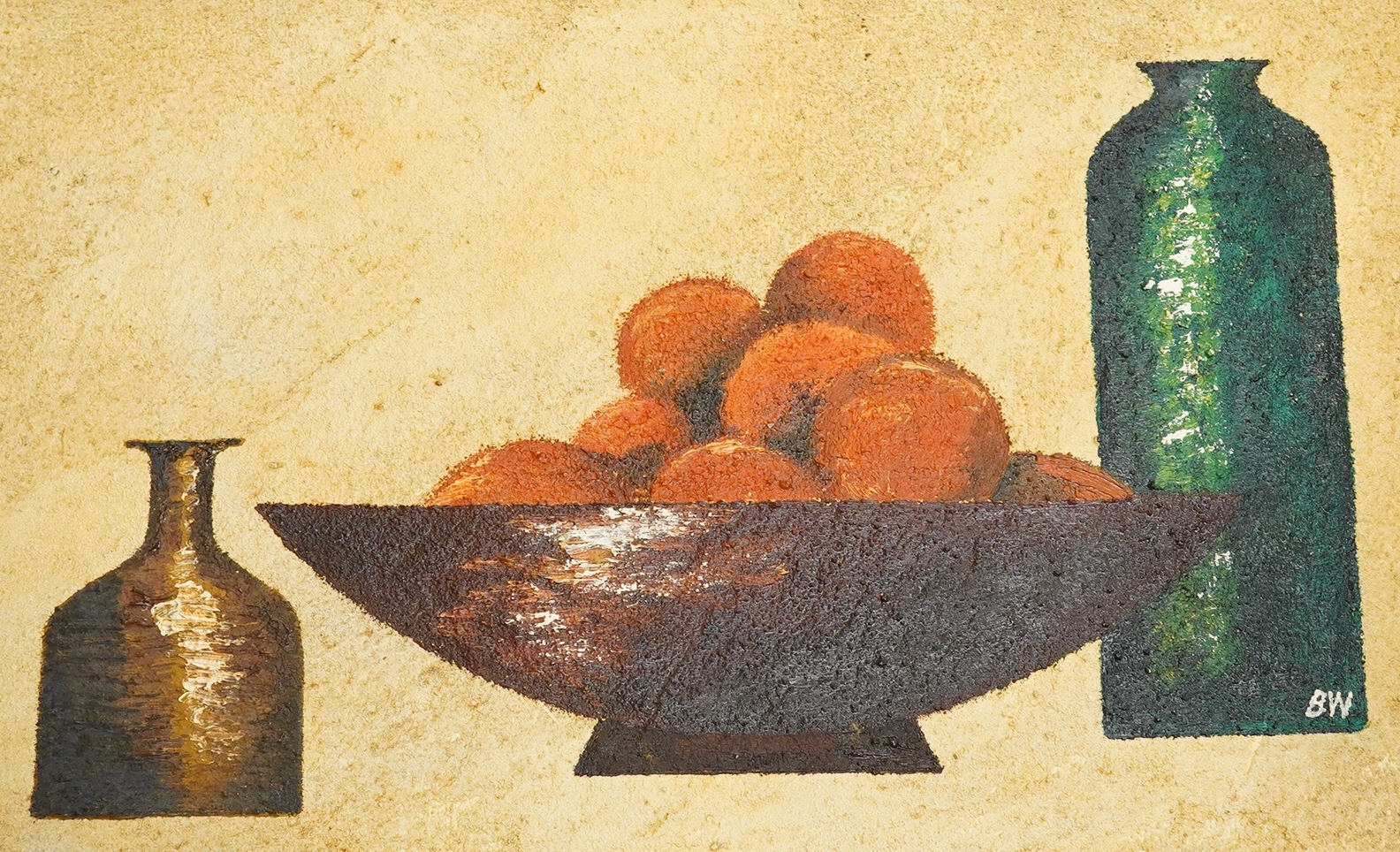B. H. Wells, still life of oranges and vessels, initialled, mid century impasto oil on board, unframed, 26 x 43cm